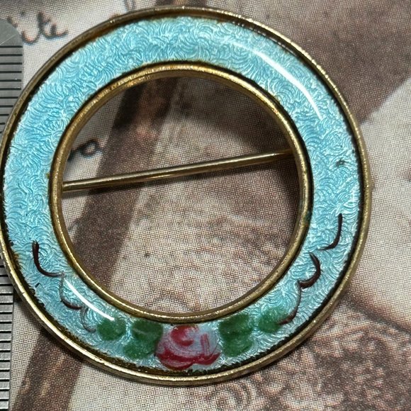 Jewelry - Vintage Baby Blue Enamel Round Circle Wreath Brooch Pin Pink Rose Floral